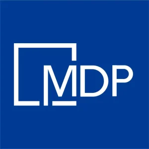Logo nhận diện thương hiệu MDP Group màu trắng trên nền xanh dương sang trọng