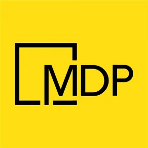 Logo chính thức nhận diện thương hiệu MDP Group JSC chữ đen nổi bật trên nền vàng