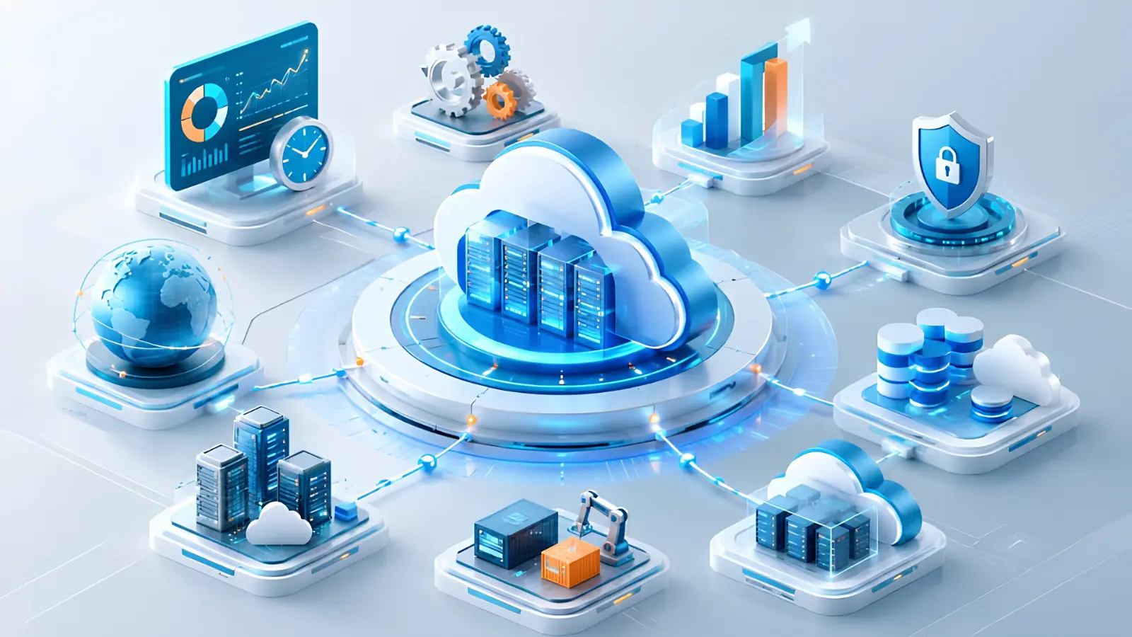 Mô hình 3D tổng thể hạ tầng điện toán đám mây Cloud giải pháp máy chủ server và bảo mật dữ liệu MDP Group