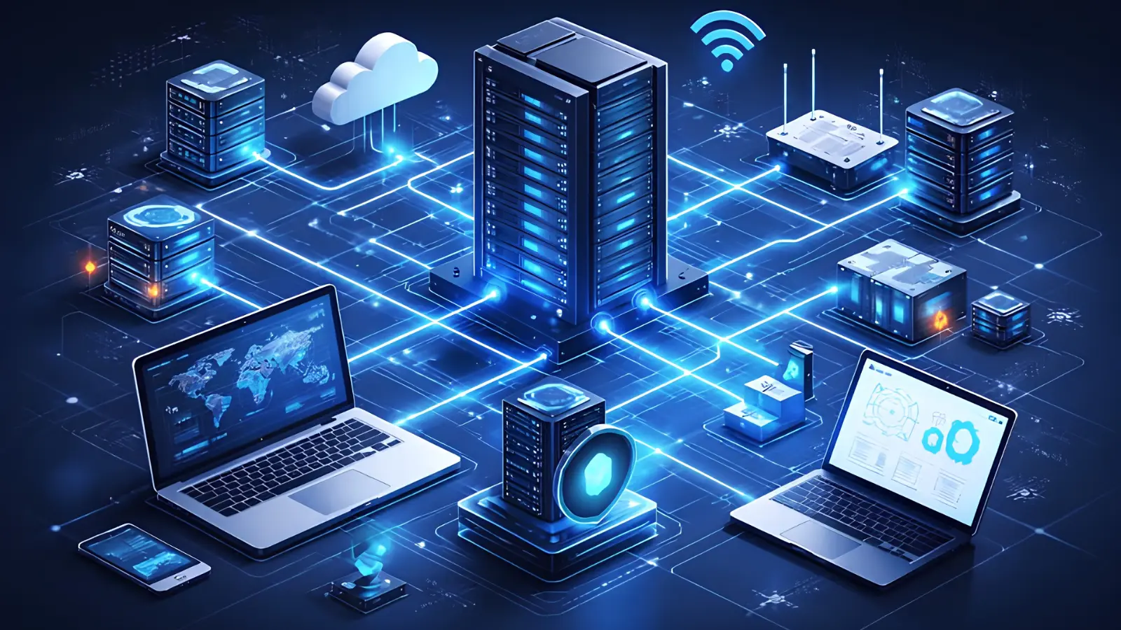 Mô hình 3D hệ thống máy chủ server và hạ tầng điện toán đám mây Cloud đại diện giải pháp hạ tầng công nghệ MDP Group