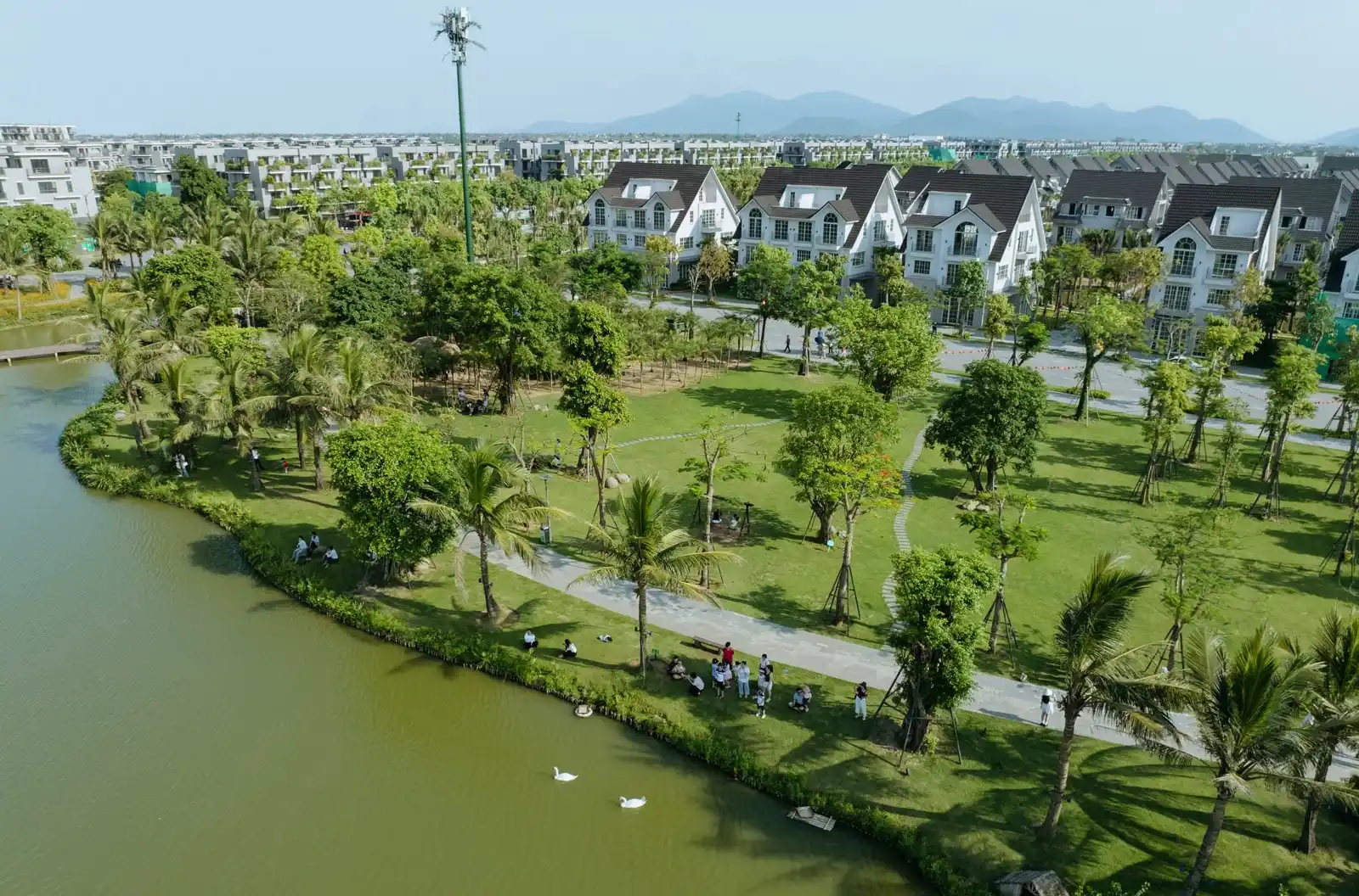 Toàn cảnh không gian xanh và dãy biệt thự ven hồ tại khu đô thị sinh thái Ecopark MDPStay
