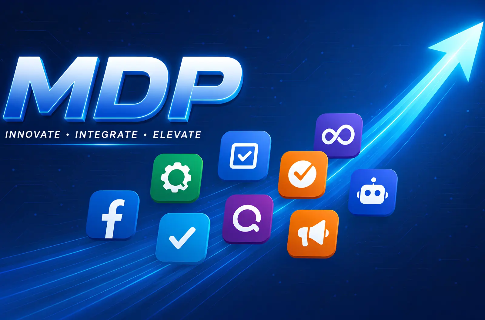 Banner giải pháp truyền thông số đa kênh MDP Group thể hiện sự phát triển vượt bậc trên các nền tảng công nghệ