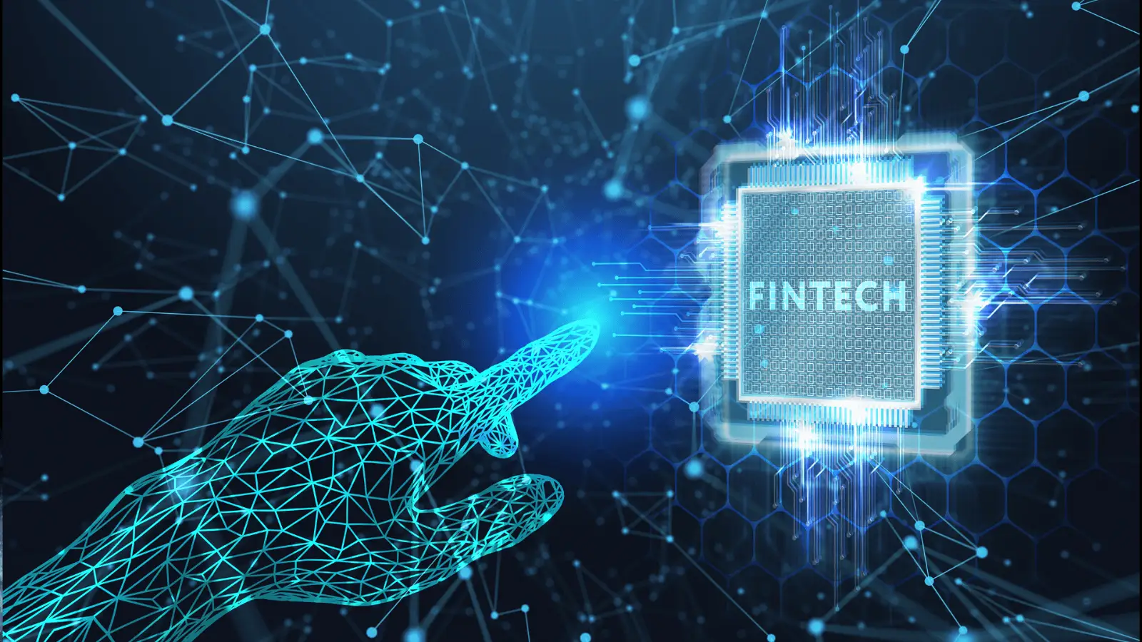 Bàn tay công nghệ 3D chạm vào vi xử lý Fintech đại diện giải pháp công nghệ tài chính MDP Group